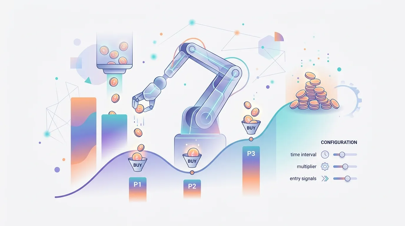 A practical guide to building a DCA (dollar-cost averaging) crypto trading bot — explaining how the strategy works, key configuration parameters, and how to bring it to life using Cryptohopper.AI.